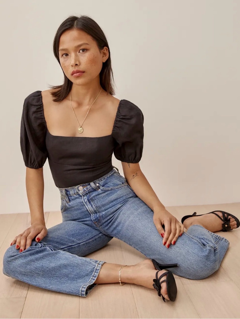 Reformation Black Puff Sleeve Square Neck Top